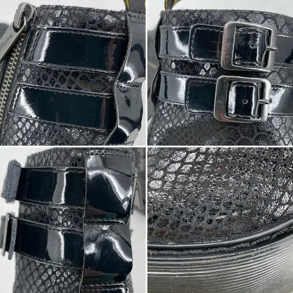 Dr. Martens Caitlin Black Reptile Snakeskin Wedge Buckles Ankle Boots Size 6